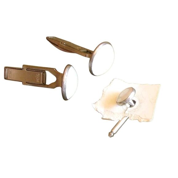 Estate True Vintage Silver-Tone & White Round Cufflinks And Tie Tack Set - Picture 1 of 4